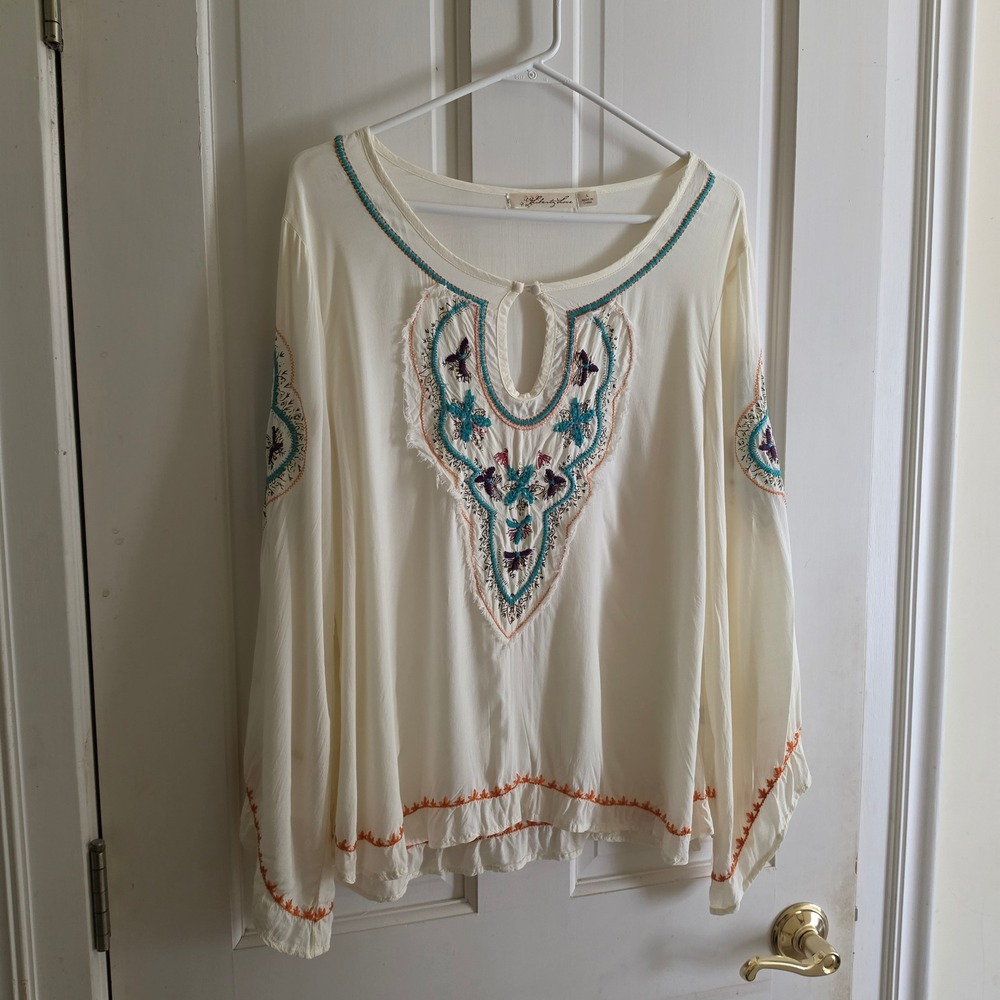 Liberty Love Boho Embroidered Peasant Blouse Off White Cream Long Sleeve Large